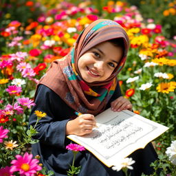 A happy young Muslim girl wearing a colorful hijab, sitting in a vibrant flower garden filled with various blooming flowers