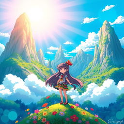 A vibrant and colorful anime-style wallpaper featuring a fantastical landscape with towering, whimsical mountains, fluffy clouds, and a magical forest