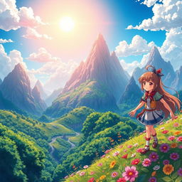 A vibrant and colorful anime-style wallpaper featuring a fantastical landscape with towering, whimsical mountains, fluffy clouds, and a magical forest