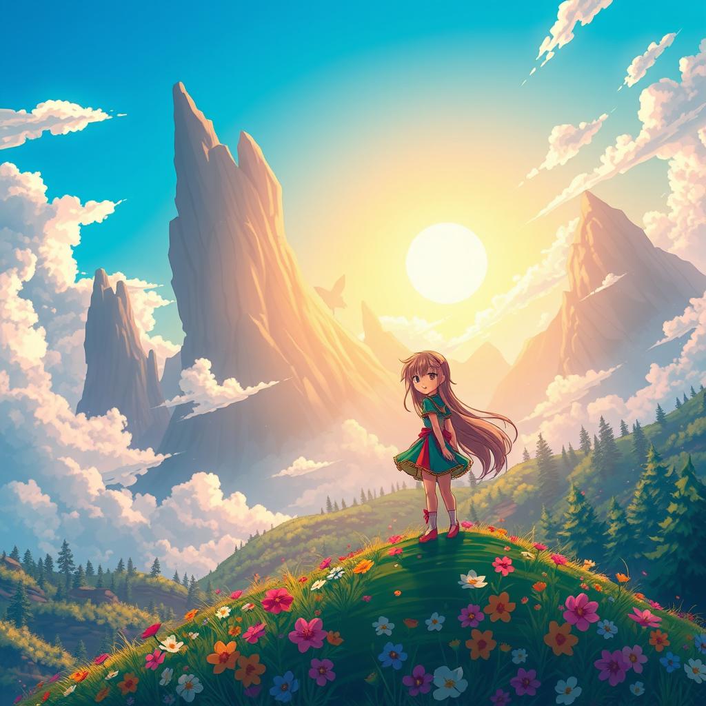 A vibrant and colorful anime-style wallpaper featuring a fantastical landscape with towering, whimsical mountains, fluffy clouds, and a magical forest