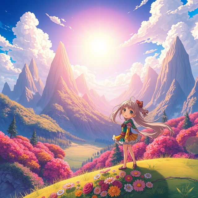 A vibrant and colorful anime-style wallpaper featuring a fantastical landscape with towering, whimsical mountains, fluffy clouds, and a magical forest