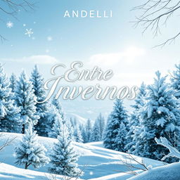 A captivating book cover for a title 'Entre Invernos', featuring a serene winter landscape