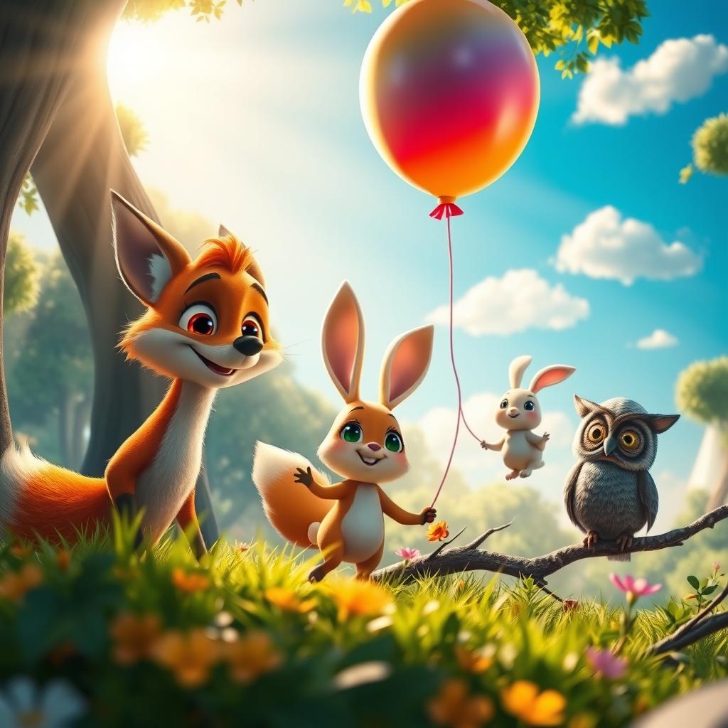 A striking Realistic photo depicting a vibrant animated scene coming to life, featuring a lush, magical forest with vibrant colors and whimsical characters