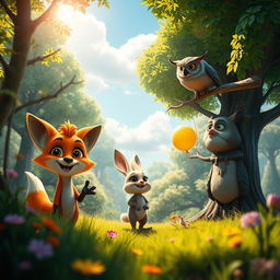 A striking Realistic photo depicting a vibrant animated scene coming to life, featuring a lush, magical forest with vibrant colors and whimsical characters
