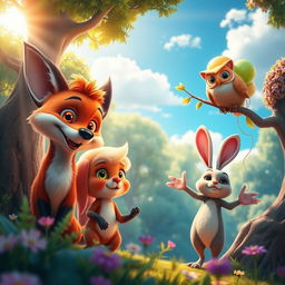 A striking Realistic photo depicting a vibrant animated scene coming to life, featuring a lush, magical forest with vibrant colors and whimsical characters