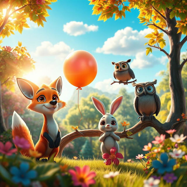 A striking Realistic photo depicting a vibrant animated scene coming to life, featuring a lush, magical forest with vibrant colors and whimsical characters