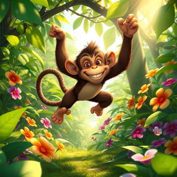 A playful monkey named Adam Kordus, energetically escaping through a vibrant jungle filled with lush greenery and colorful flowers
