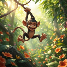A playful monkey named Adam Kordus, energetically escaping through a vibrant jungle filled with lush greenery and colorful flowers