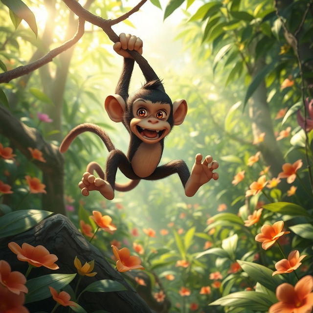 A playful monkey named Adam Kordus, energetically escaping through a vibrant jungle filled with lush greenery and colorful flowers