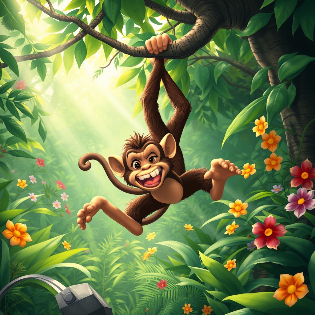 A playful monkey named Adam Kordus, energetically escaping through a vibrant jungle filled with lush greenery and colorful flowers