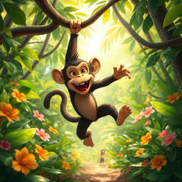A playful monkey named Adam Kordus, energetically escaping through a vibrant jungle filled with lush greenery and colorful flowers