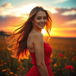 A stunning portrait of a confident, beautiful woman with flowing long hair, wearing a vibrant red dress that accentuates her curves
