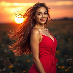 A stunning portrait of a confident, beautiful woman with flowing long hair, wearing a vibrant red dress that accentuates her curves