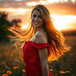 A stunning portrait of a confident, beautiful woman with flowing long hair, wearing a vibrant red dress that accentuates her curves