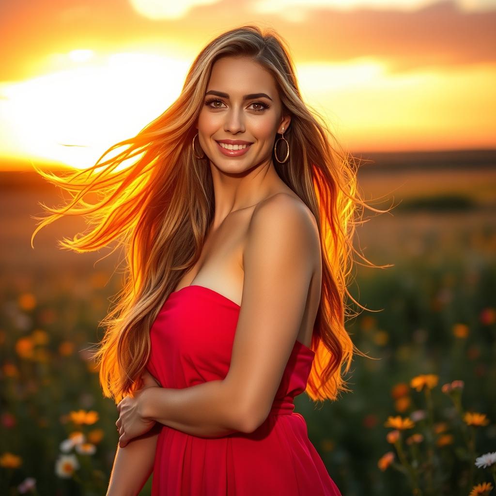 A stunning portrait of a confident, beautiful woman with flowing long hair, wearing a vibrant red dress that accentuates her curves