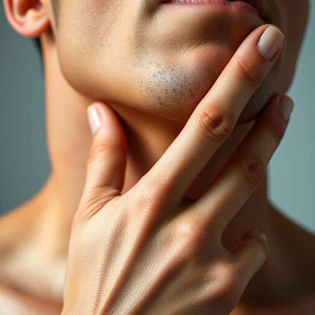 A close-up view of a human neck with a strong, defined appearance, showcasing muscular details and a well-defined jawline