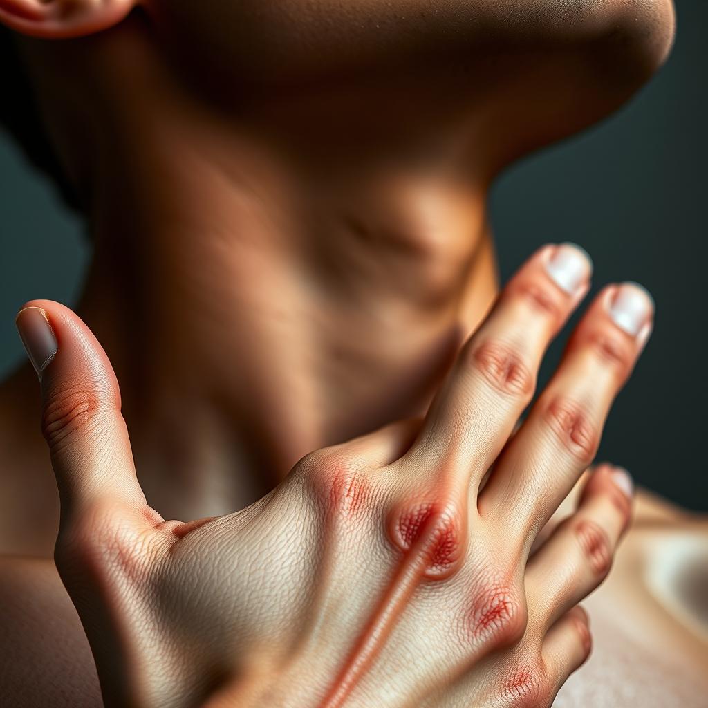 A close-up view of a human neck with a strong, defined appearance, showcasing muscular details and a well-defined jawline