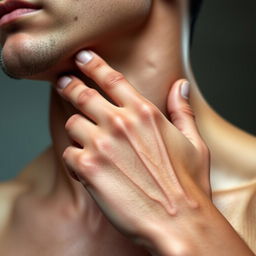 A close-up view of a human neck with a strong, defined appearance, showcasing muscular details and a well-defined jawline