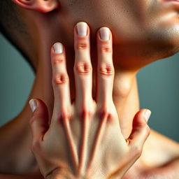 A close-up view of a human neck with a strong, defined appearance, showcasing muscular details and a well-defined jawline