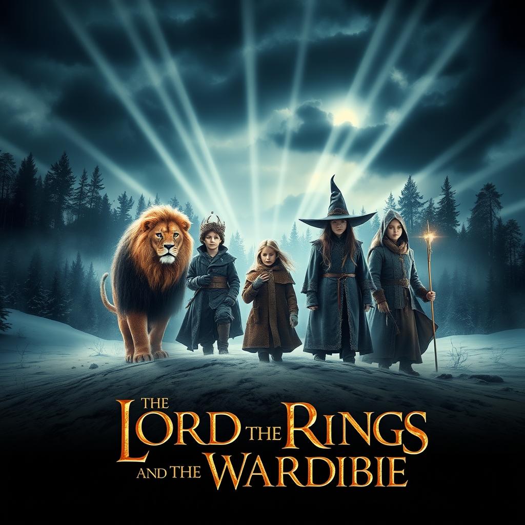 A dramatic live-action scene inspired by 'The Lion, the Witch and the Wardrobe' styled like a 'The Lord of the Rings' movie poster