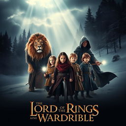 A dramatic live-action scene inspired by 'The Lion, the Witch and the Wardrobe' styled like a 'The Lord of the Rings' movie poster