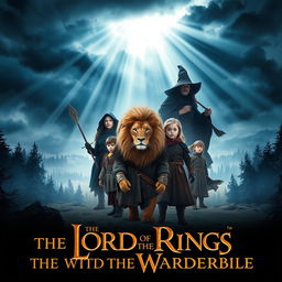 A dramatic live-action scene inspired by 'The Lion, the Witch and the Wardrobe' styled like a 'The Lord of the Rings' movie poster