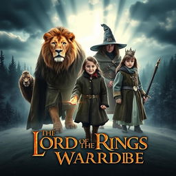 A dramatic live-action scene inspired by 'The Lion, the Witch and the Wardrobe' styled like a 'The Lord of the Rings' movie poster