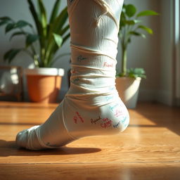 A close-up view of a leg cast wrapped in white plaster, displaying detailed texture and curves, resting on a wooden floor