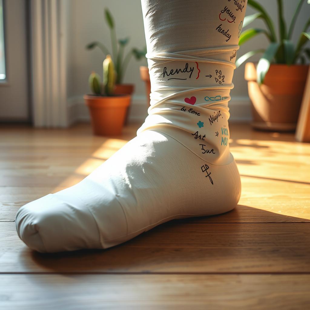 A close-up view of a leg cast wrapped in white plaster, displaying detailed texture and curves, resting on a wooden floor