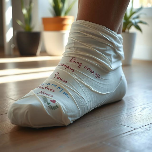 A close-up view of a leg cast wrapped in white plaster, displaying detailed texture and curves, resting on a wooden floor