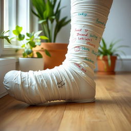 A close-up view of a leg cast wrapped in white plaster, displaying detailed texture and curves, resting on a wooden floor