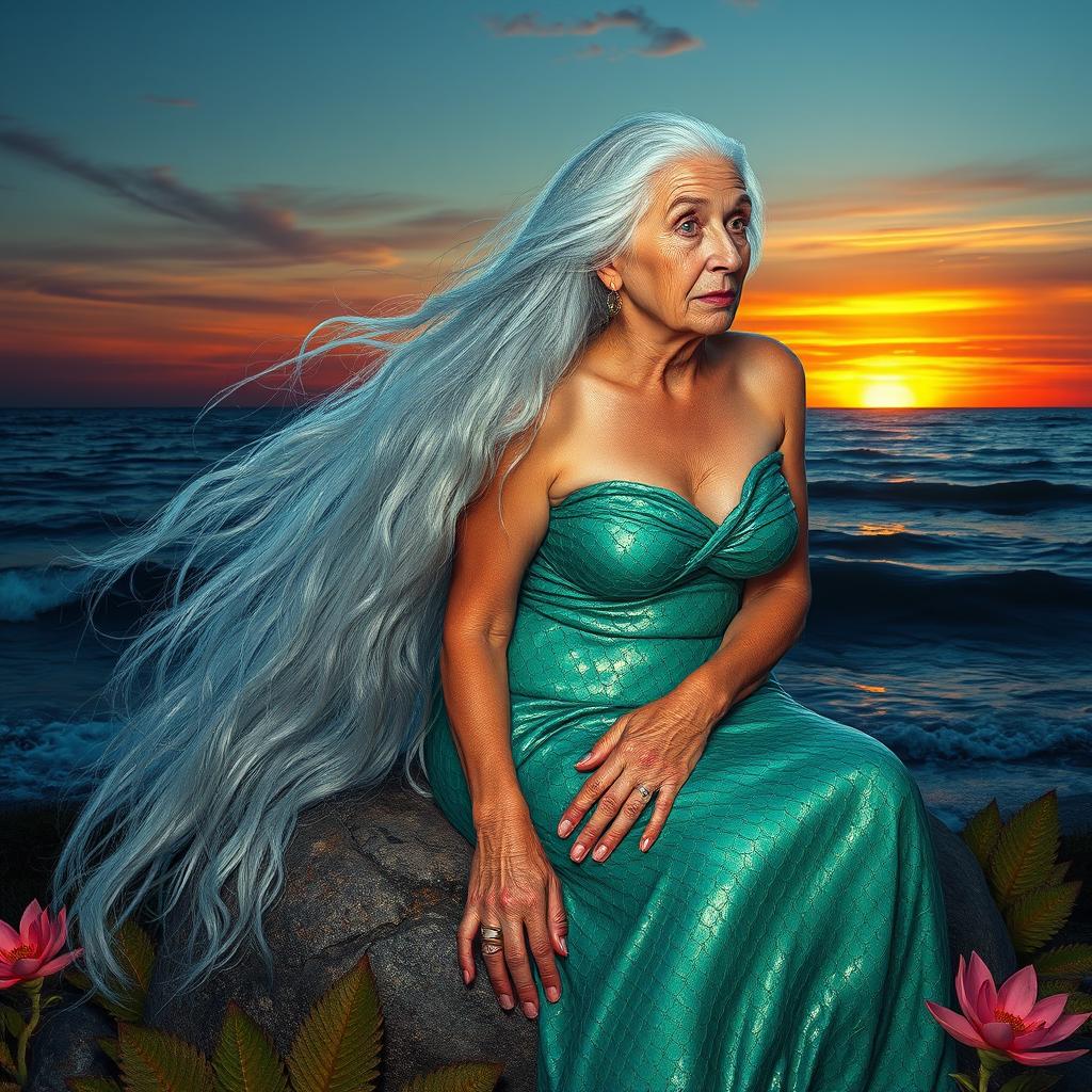 An elderly siren with long flowing silver hair, sitting gracefully on a rock by the ocean