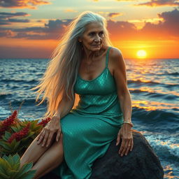 An elderly siren with long flowing silver hair, sitting gracefully on a rock by the ocean