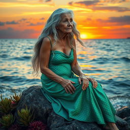 An elderly siren with long flowing silver hair, sitting gracefully on a rock by the ocean
