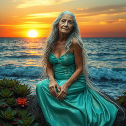 An elderly siren with long flowing silver hair, sitting gracefully on a rock by the ocean
