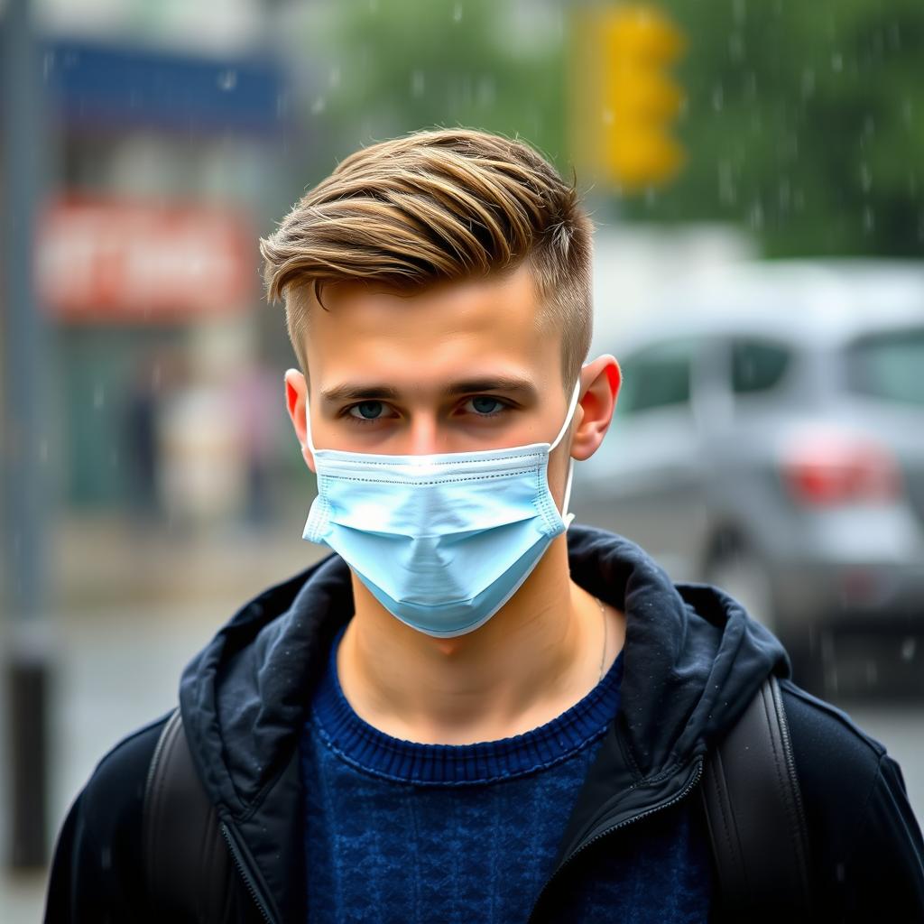 An 18-year-old young man walking in the rain, featuring a clean-shaven face, wearing a blue sweater and black Nike shoes as well as a black hoodie