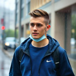 An 18-year-old young man walking in the rain, featuring a clean-shaven face, wearing a blue sweater and black Nike shoes as well as a black hoodie