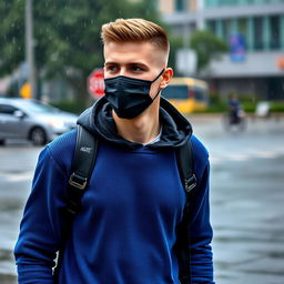 An 18-year-old young man walking in the rain, featuring a clean-shaven face, wearing a blue sweater and black Nike shoes as well as a black hoodie