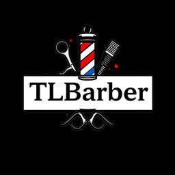 A sleek and professional barber logo featuring the text 'TLBarber' prominently displayed