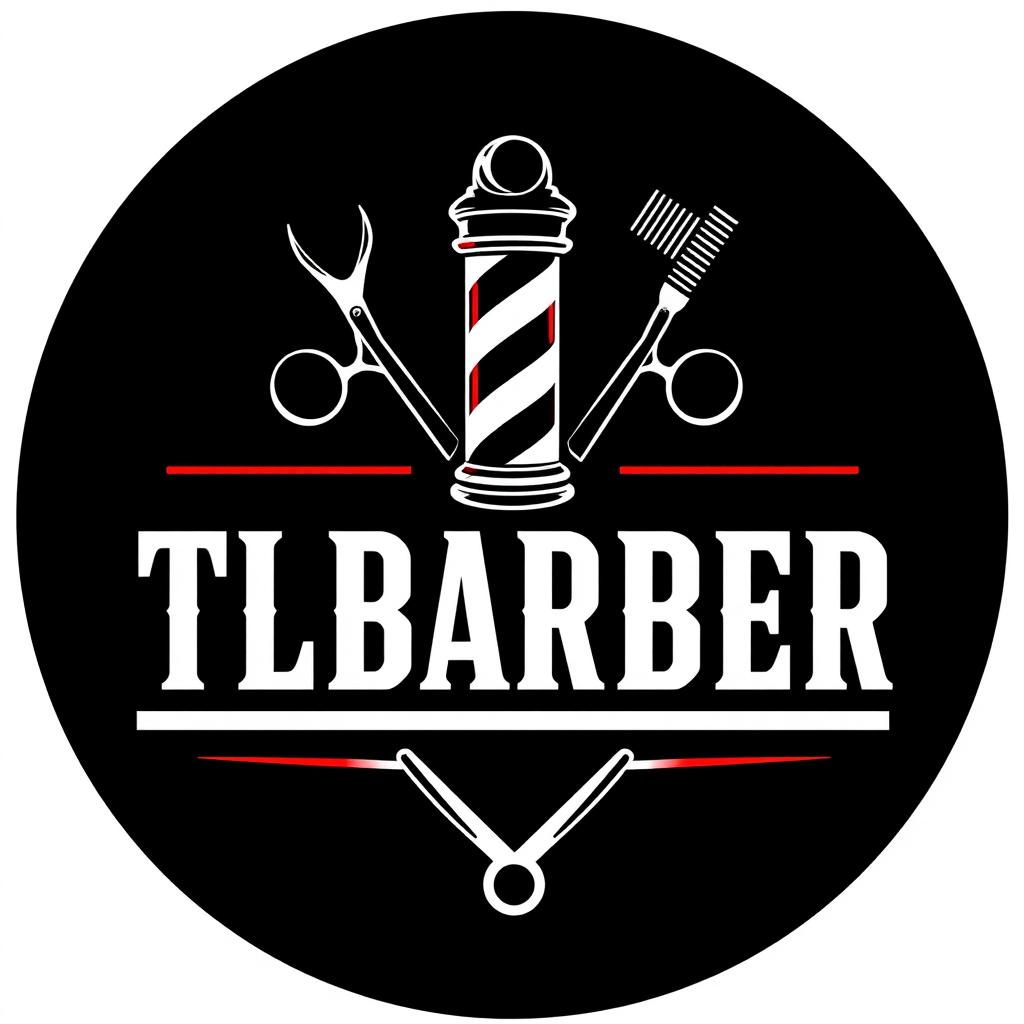 A sleek and professional barber logo featuring the text 'TLBarber' prominently displayed