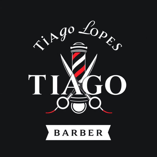 A modern and sophisticated barber logo featuring the text 'Tiago Lopes' prominently displayed at the top, with the word 'BARBER' elegantly positioned below it