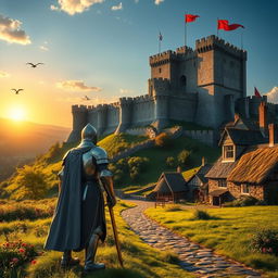 A grand medieval castle situated on a hill, surrounded by lush green fields and wildflowers