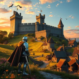 A grand medieval castle situated on a hill, surrounded by lush green fields and wildflowers