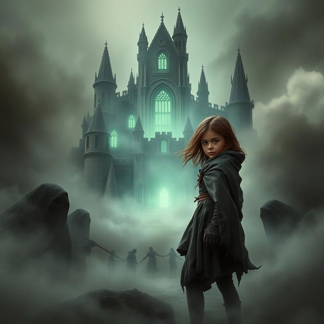 A book cover featuring a young girl in a tattered cloak standing amidst swirling fog