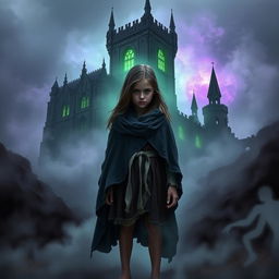 A book cover featuring a young girl in a tattered cloak standing amidst swirling fog