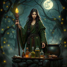 A mysterious medieval witch standing in a moonlit forest, surrounded by ancient trees and glowing fireflies