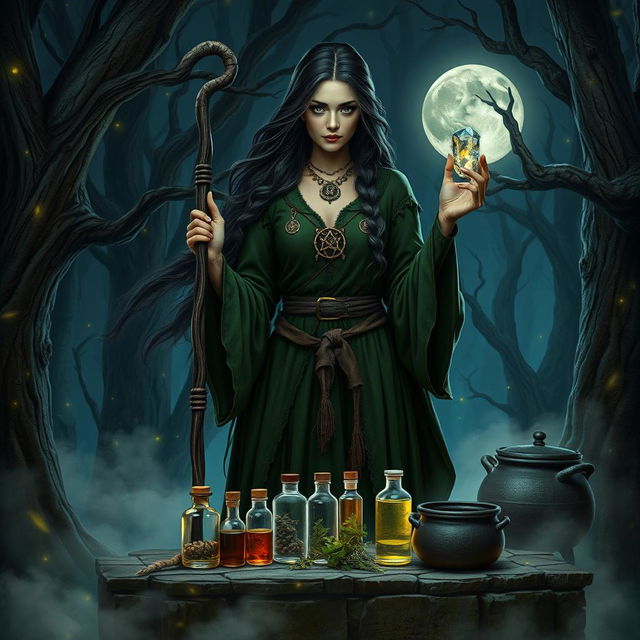 A mysterious medieval witch standing in a moonlit forest, surrounded by ancient trees and glowing fireflies