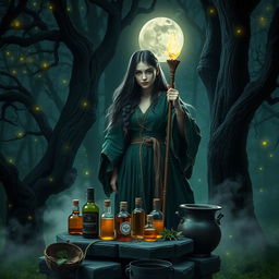 A mysterious medieval witch standing in a moonlit forest, surrounded by ancient trees and glowing fireflies