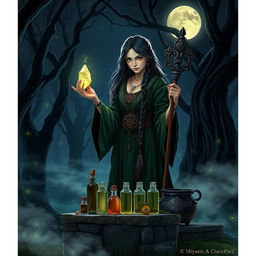 A mysterious medieval witch standing in a moonlit forest, surrounded by ancient trees and glowing fireflies