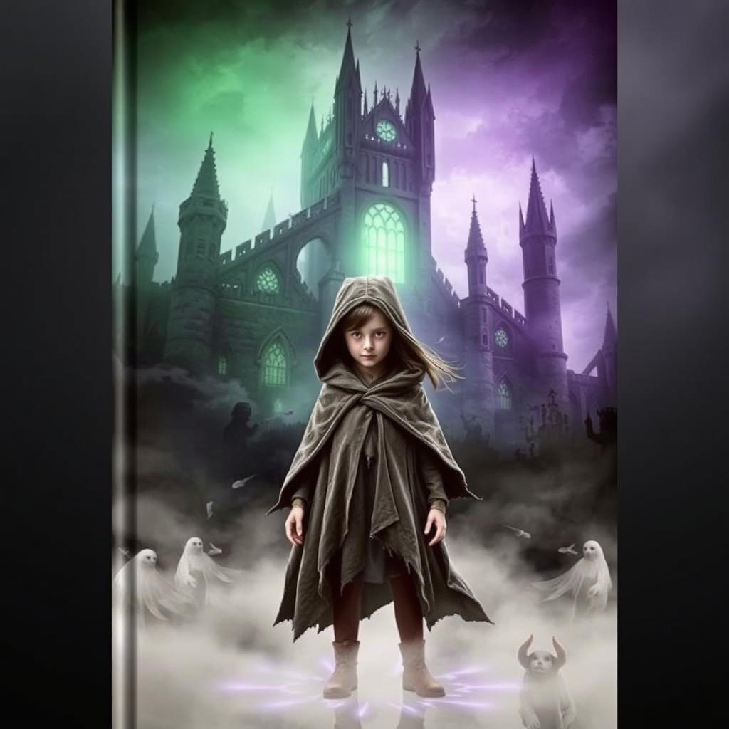 A book cover depicting a young girl in a tattered cloak standing amidst swirling fog